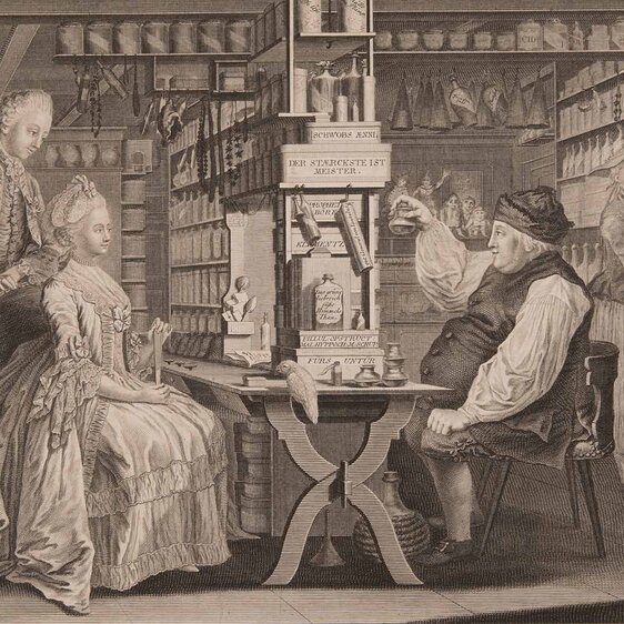 Michael Schüppach in seiner «Apotheke» in Langnau im Emmental. Druckgrafik, um 1775.